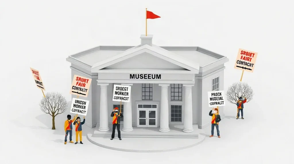 Hero illustration for the article “Museum Staff at Brooklyn, Whitney, AFAM Authorize Strikes”
